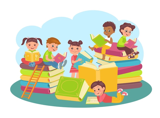 Wspólne czytanie książek Młodzi czytelnicy wśród dużych tomów Dzieci uczące się Edukacja szkolna Inteligentne dzieci razem Dziewczęta i chłopcy w bibliotece Studium literatury Wspaniała koncepcja wektora