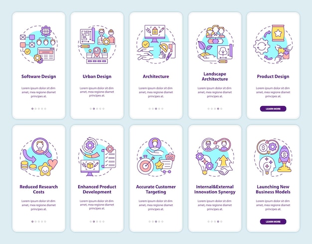 Wspólny rozwój produktu z wprowadzaniem ekranu strony aplikacji mobilnej z zestawem koncepcji. Wspólne projektowanie, etapy przejścia do współtworzenia. Szablon UI z kolorem RGB