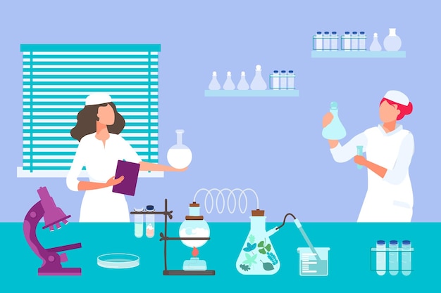 Współpracownik naukowy postać kobiety trzymać laboratorium naukowe kolby usługi laboratorium medyczny farmaceutyczny lek płaski wektor ilustracja