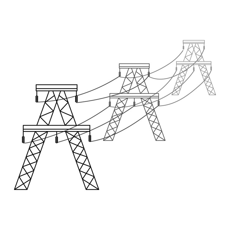 Wektor wsporniki sieci energetycznej wysokiego napięcia ilustracja wektorowa sieci przesyłowych energii elektrycznej linie energetyczne izolowane na białym tle