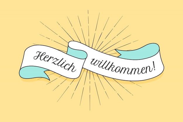 Wstążka Starej Szkoły Z Tekstem Herzlich Wllkommen W Języku Niemieckim