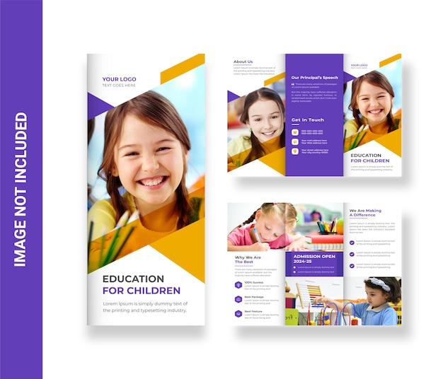 Plik wektorowy wstęp do szkoły dla dzieci nowoczesny szablon broszury trójdzielnej z kreatywnym kształtem premium vector