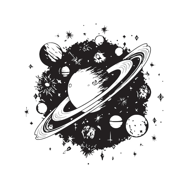 Plik wektorowy wszechświat vintage logo koncepcja sztuki czarno-biały kolor ręcznie rysowane ilustracja
