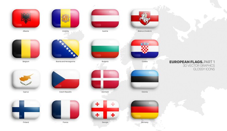 Wszystkie oficjalne flagi krajów europejskich 3D wektor zaokrąglony błyszczący zestaw ikon izolowanych na białym części 1