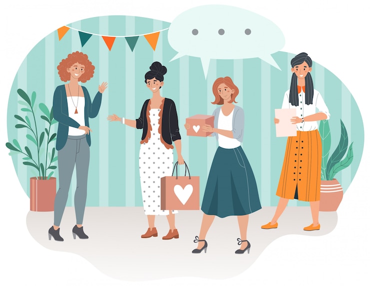Wektor wszystkiego najlepszego, uśmiechnięci goście z prezentami przybyli na ilustrację z okazji rocznicy womans party.