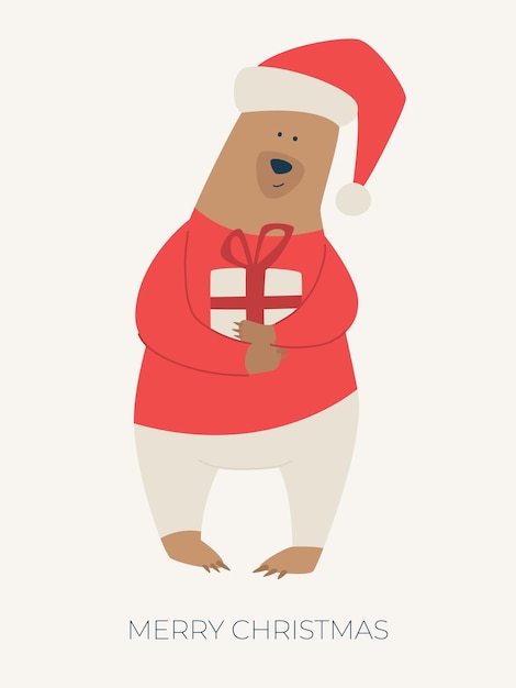 Wszystkiego Najlepszego W Nowym Roku! Wesołych świąt! Ilustracja Kreskówka Z Santa Bear. ładny świąteczny Plakat, Pocztówka Lub Baner. Miś W Kolorowym Zimowym Swetrze I świątecznej Czapce Z Prezentem.