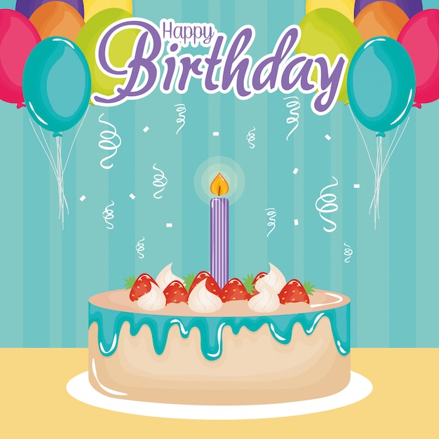 Wszystkiego Najlepszego Z Okazji Urodzin Karta, Słodki Tort I świeczka Z Balonów Helem
