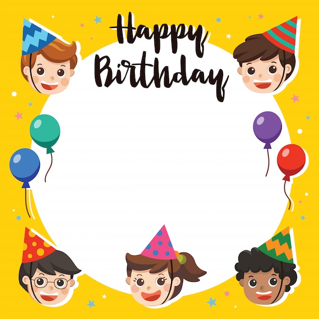 Wszystkiego Najlepszego Z Okazji Urodzin. Piękne Dzieci Pozdrowienia Zabawny Charakter I Szablon Karty Zaproszenie Na Przyjęcie Urodzinowe. Karta Ilustracyjna