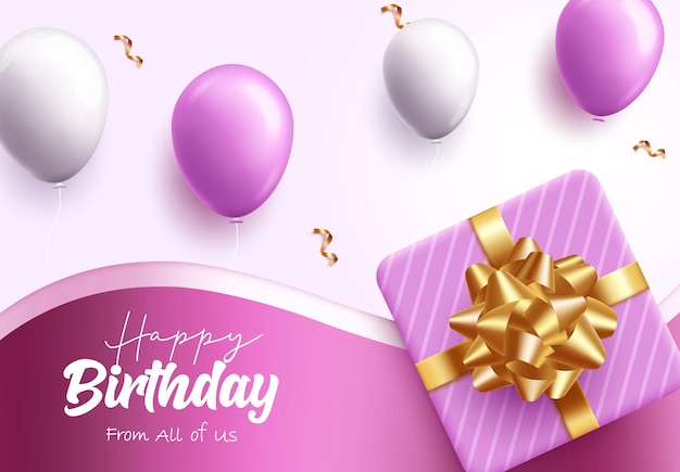 Wszystkiego najlepszego z okazji urodzin tekst wektor projekt Pozdrowienia urodzinowe z pudełkiem na prezent i fioletowymi balonami