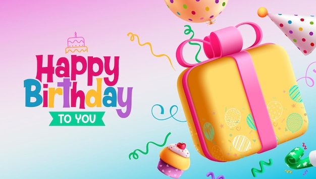 Wszystkiego Najlepszego Z Okazji Urodzin Tekst Wektor Projekt Urodzinowa Karta Zaproszenie Z Pudełkiem Kreskówka Prezent I Kolorowe Przyjęcie