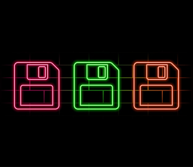 Wybierz linijkę Papirus zwój Floppy disk i długopis Czarny kwadratowy przycisk Wektor neon2