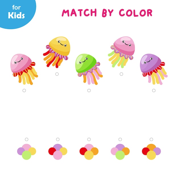 Wybierz według koloru Połącz kolorowe meduzy z odpowiednimi kolorami Seria gier morskich