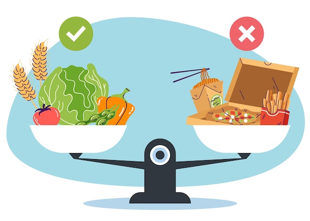 Plik wektorowy wybór między zdrową a niezdrową żywnością ilustracja graficzna koncepcji projektowania
