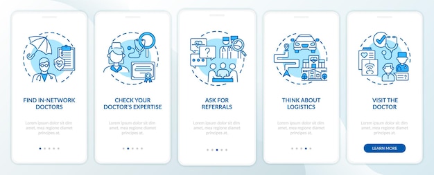 Wybór Wskazówek Lekarza Podstawowej Opieki Zdrowotnej Na Niebiesko Wprowadzający Ekran Aplikacji Mobilnej Z Koncepcjami. Opis Przejścia Lekarza 5 Kroków Instrukcji Graficznych. Ui, Ux, Szablon Gui Z Liniowymi Kolorowymi Ilustracjami