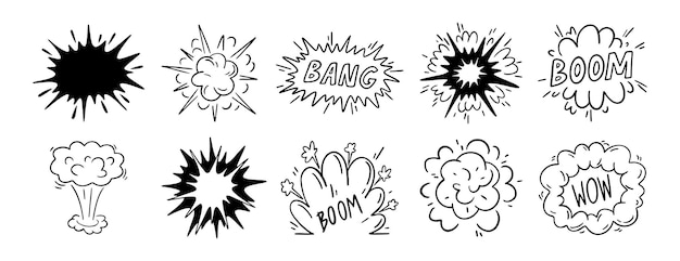 Wybuch bomby lub komiksowy wybuch boom doodle ręcznie narysowany zestaw ikon rysunek chmura dymu i błyskawica ognia Wybuch atomowy lub detonacja dynamitu