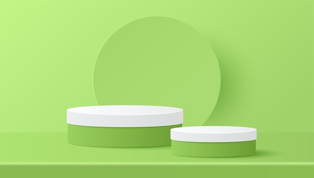 Plik wektorowy wycięcie papieru z minimalną sceną z białym i zielonym podium w kształcie cylindra na zielonym tle prezentacja produktu makieta pokazuje kosmetyczną ilustrację wektorową