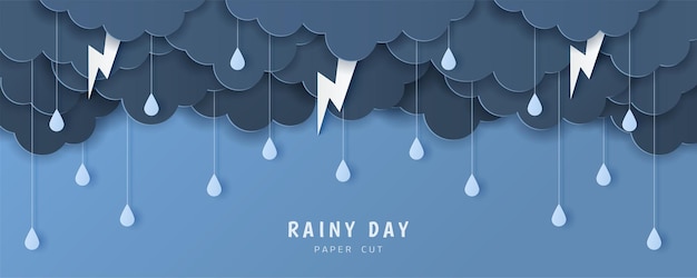 Wycięcie papieru z tekstu deszczowego dnia z chmurami, kroplami deszczu i błyskawicami na niebieskim tle