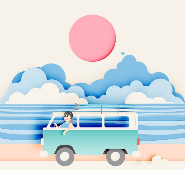 Wycieczka Samochodowa Na Plaży Z Papierowym Sztuka Stylem I Pastelowego Koloru Planu Wektoru Ilustracją