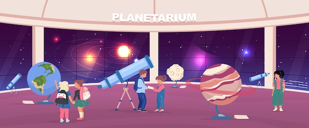Wycieczka Szkolna Do Planetarium Płaskiego Koloru. Dzieci Oglądają Edukacyjne Eksponaty Planety. Dzieci Postaci Z Kreskówek 2d Z Panoramiczną Instalacją Nocnego Nieba Na Tle