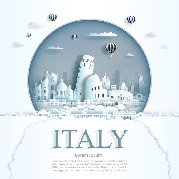 Wycinane z papieru zabytki Włoch z szablonem tła balonów na ogrzane powietrze i chmury
