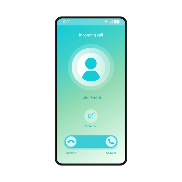 Wyciszenie szablonu wektor interfejsu smartfona. Układ strony aplikacji mobilnej niebieski gradient. Połączenie przychodzące, ekran poczty głosowej. Płaski interfejs użytkownika do aplikacji. Odrzuć, przyciski odpowiedzi. Wyświetlacz telefonu