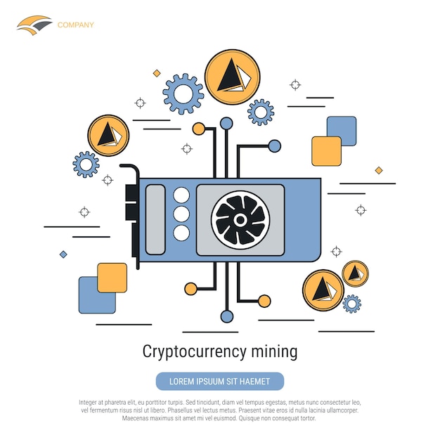 Wydobycie Kryptowalut Płaski Kontur Styl Wektor Ilustracja Koncepcja