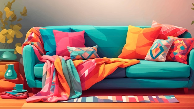 Plik wektorowy wygodna kanapa z kolorowymi poduszkami i kocami