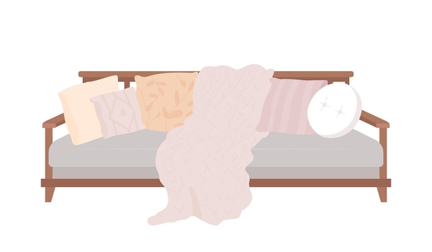 Wygodna sofa z poduszkami półpłaski element wektorowy w kolorze