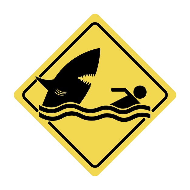 Plik wektorowy wyizolowany żółty prostokątny rekin atakujący na plażę sygnał ostrzegawczy wektor ugryzienia dzikiego rekina ostrożność