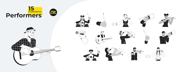 Plik wektorowy wykonawcy muzyczni czarno-biały kreskówkowy płaski zestaw ilustracji muzyk grający instrument muzyczny 2d lineart odizolowane postacie jazz klasyczny koncert monochromatyczny zbiór obrazów wektorowych