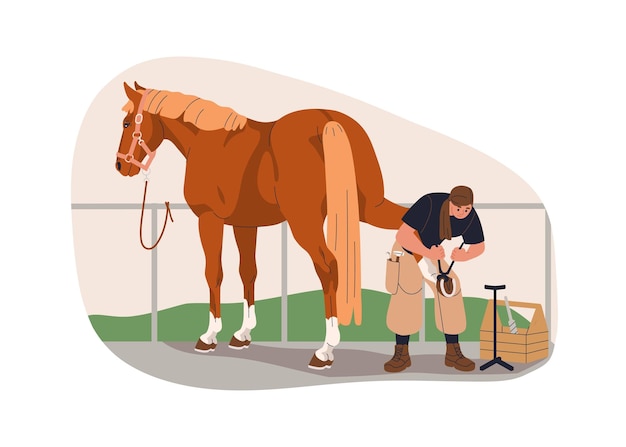 Wykończenie kopyt koni Kobieta dbająca o kopyta koni za pomocą profesjonalnych narzędzi do pielęgnacji Stallion leczenie obsługi podkowy płaska ilustracja wektorowa izolowana na białym tle