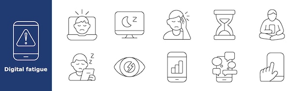 Wykorzystanie cyfrowej ikony ustawienia zmęczenia: ostrzeżenie telefoniczne: Mężczyzna z laptopem, monitorem snu, ból głowy, ikona godziny, siedzący z gadżetem, śpiący użytkownik, wykres danych o stresie oczu, czat, przeciągnięcie gestem, zmęczenie.