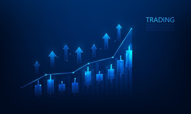 Wykres biznesowy handlu inwestycjami na giełdzie na niebieskim tle świecznik i wzrost strzałki