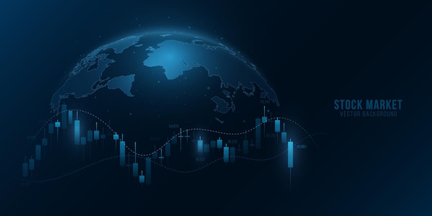Wykres inwestycji finansowych danych ze świecącą mapą ziemi Świat giełdowy wykres handlu inwestycjami Cyfrowy biznes technologia koncepcja ilustracja wektorowa EPS 10