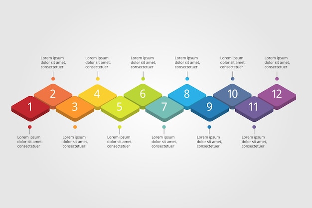 Wykres Kwadratowy Krzywej 12-miesięcznego Szablonu Osi Czasu Dla Infografiki Do Prezentacji Dla 12 Elementów