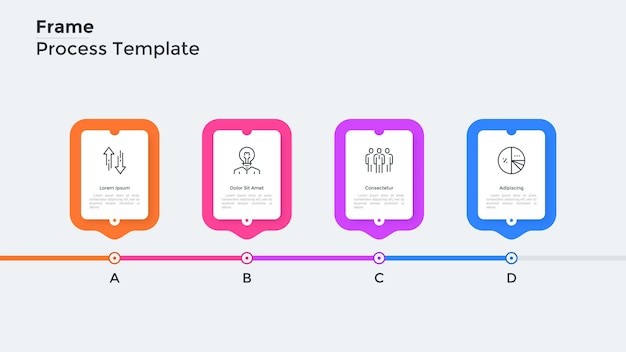 Wykres Procesu Z 4 Prostokątnymi Ramkami Umieszczonymi W Poziomym Rzędzie. Koncepcja Czterech Kroków Postępu Biznesowego. Prosty Szablon Projektu Plansza. Nowoczesne Mieszkanie Wektor Ilustracja Do Prezentacji.