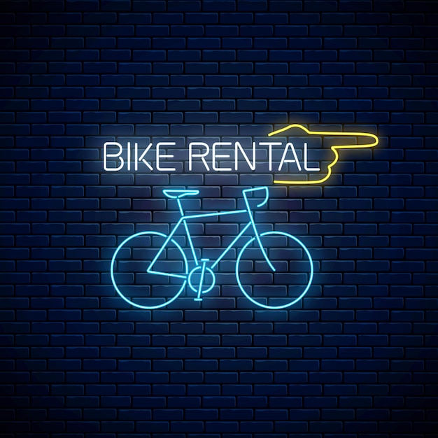 Plik wektorowy wynajem rowerów świecące neon znak z palcem wskazującym na tle ciemnej cegły ściany. symbol wypożyczalni rowerów w stylu neonowym.