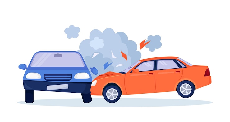 Wektor wypadek samochodowy na drodze. w mieście psują się czerwone i niebieskie samochody. wypadek drogowy. rozbite samochody na autostradzie. kolizja pojazdów. uszkodzone samochody