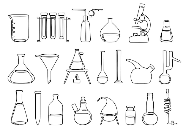 Plik wektorowy wyposażenie laboratoryjne z jedną linią ciągłą pudełka, rurki testowe, kolby i mikroskop instrumenty naukowe i ikony laboratoryjne zestaw ilustracji wektorowych z edytowalnymi ścieżkami uderzeniowymi