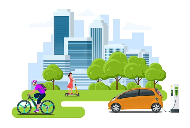 Plik wektorowy wypożyczalnia rowerów wypożyczalnia skuterów wypożyczalnia samochodów życie w mieście z ekologicznym transportem zdrowy styl życia