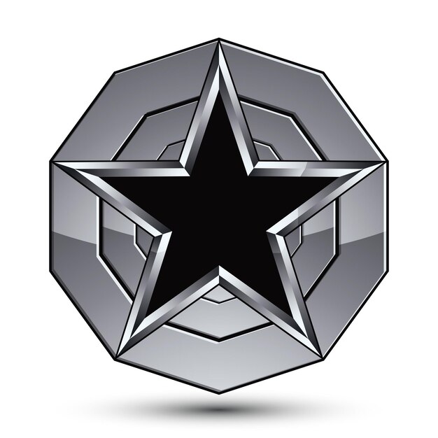 Wyrafinowany wzór geometryczny symbol, stylizowana pięciokątna czarna gwiazda umieszczona na okrągłej srebrnej powierzchni, najlepiej do wykorzystania w projektach internetowych i graficznych. Polerowane 3d wektor ikona na białym tle. Cl