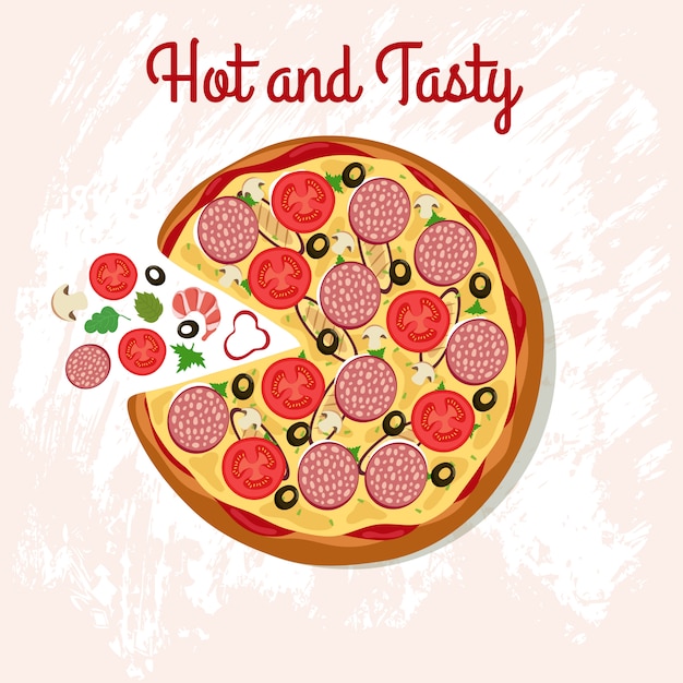 Wyśmienicie pizza na stole z pizza składnikami. Kuchnia włoska
