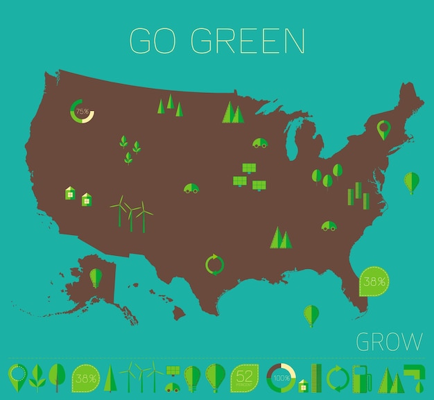 Plik wektorowy wysoka szczegółowa mapa stanów zjednoczonych z zestawem elementów graficznych informacji o ekologii (eko) i ikonach