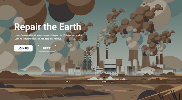 Plik wektorowy wysoki betonowy komin emituje co2 i niebezpieczne opary obecność dwutlenku węgla w atmosferze globalne ocieplenie redukcja co2 naprawa koncepcji ziemi pozioma kopia przestrzeń ilustracja wektorowa