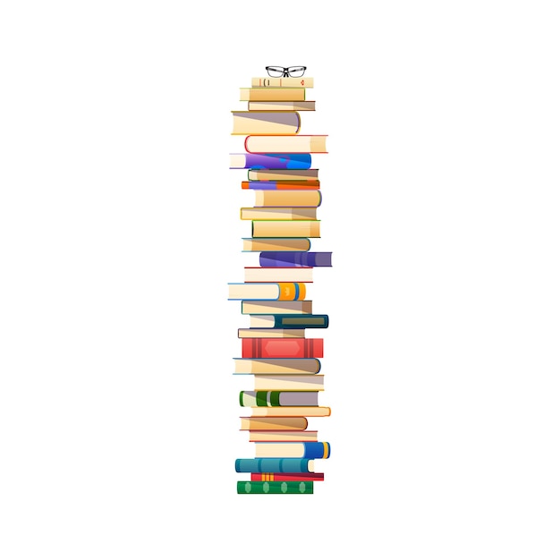 Wysoki stos książek lub stos podręczników szkolnych i literatury bibliotecznej stos wieży wektorowej rząd książek do czytania i edukacji studijnych podręczników i słowników stosy z okularami w rzędzie księgarni