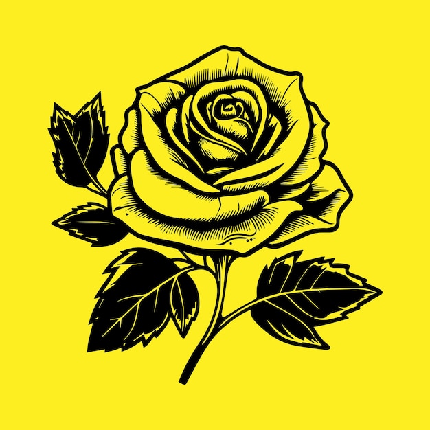 Wysoki szczegółowy kwiat róży czarny zarys ilustracji wektorowych izolowany na żółtym tle Ikona róży