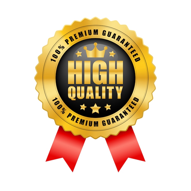Wektor wysokiej jakości 100% gwarantowana korona premium i 5-gwiazdkowa czarno-złota naszywka z błyszczącym metalicznym logo vintage z czerwoną wstążką