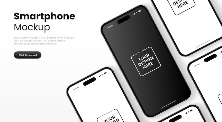 Wektor wysokiej jakości makietka smartfonu 3d z różnymi kątami i izolowanym tłem do pokazywania aplikacji mobilnej