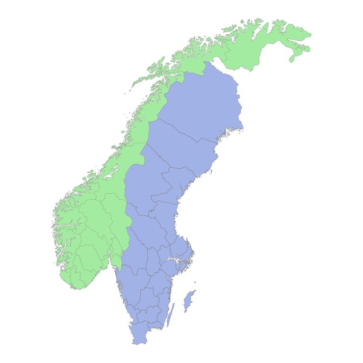 Wysokiej jakości mapa polityczna Szwecji i Norwegii z zaznaczonymi granicami regionów lub prowincji