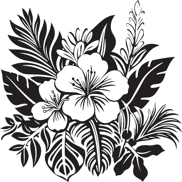 Wyspa Kwitnie Elegancką Ikoną Wektorową Symbolizującą Liście I Kwiaty Roślin Tropikalnych W Czarnym Raju Kwiatowym